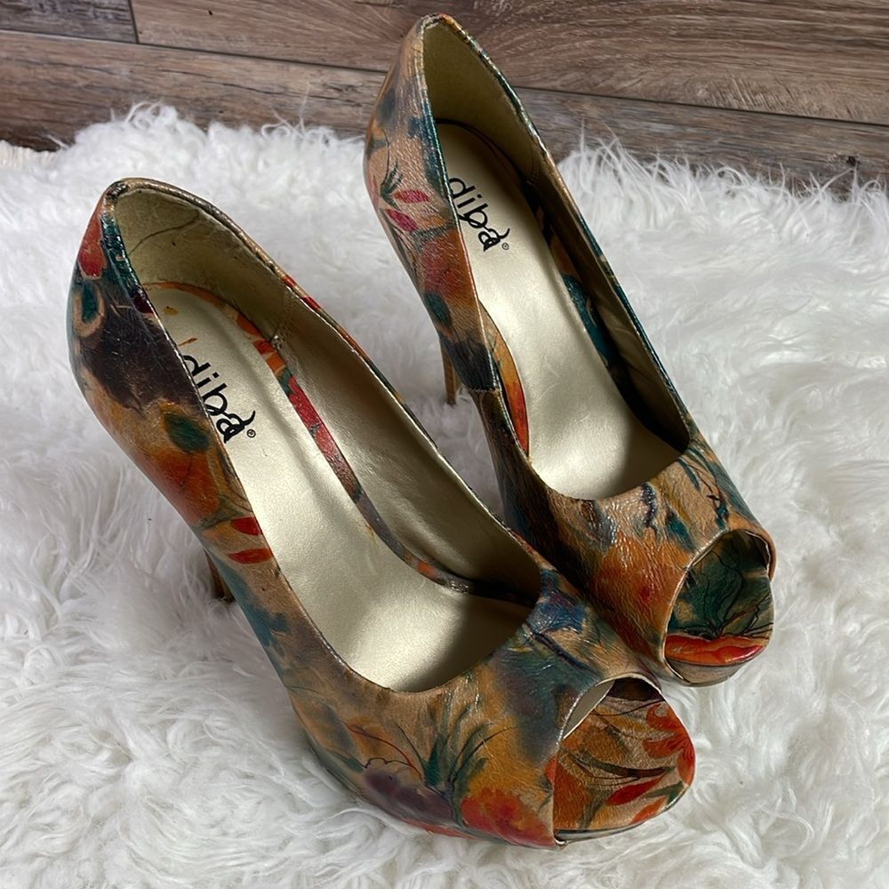 Diba Womens High Heel Stilettos Multi Color Floral Size 9M Floral Woodsy